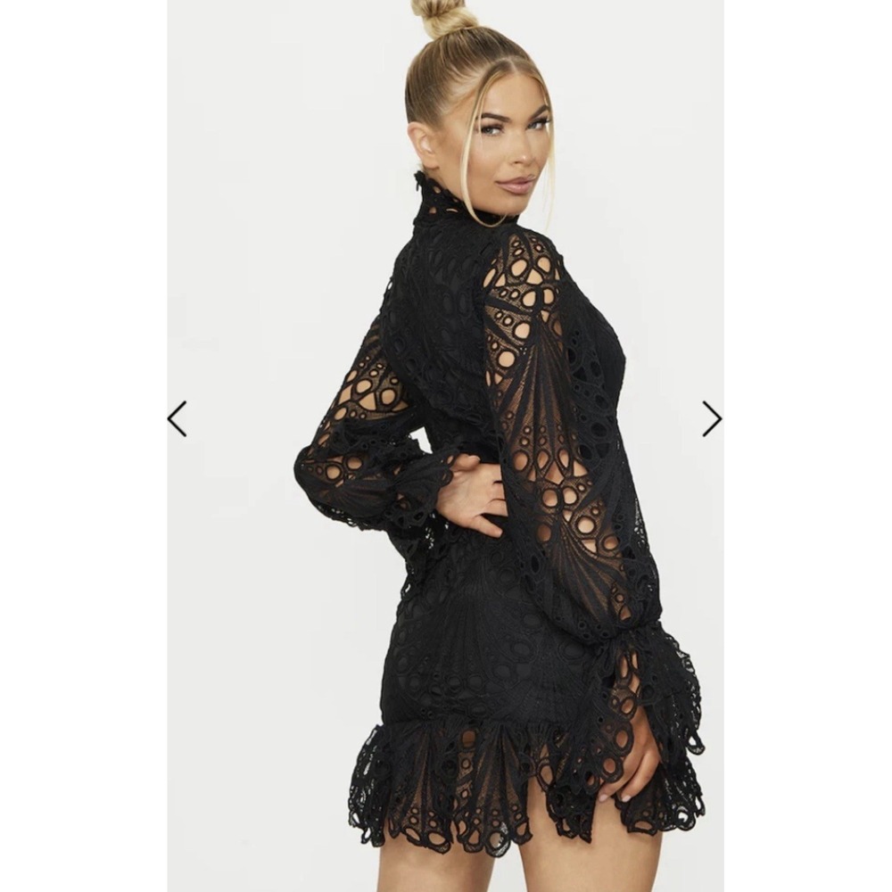PRETTY LITTLE THING Black Lace Mini Dress High Neck - Size 12 USA - Picture 2 of 5